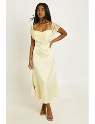 Lace Bardot Satin Midaxi Dress - lemon