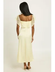 Lace Bardot Satin Midaxi Dress - lemon - 1