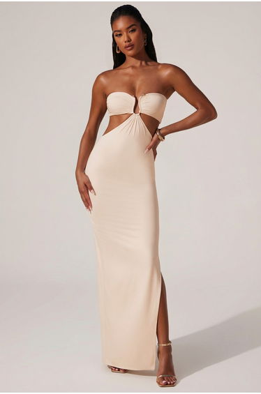 Ruched Hardware Detail Bandeau Floor Length Dress in Ivory