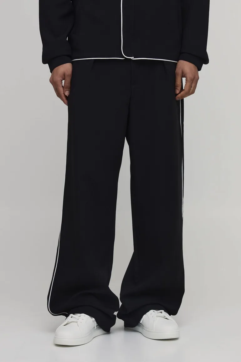 Tall Tailored Relaxed Fit Pleat Front Contrast Piping Co-ord Trousers - black
