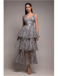Embroidered Mesh Tiered Midi Dress - Grey by Goddiva - 2