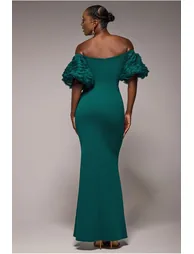 Off The Shoulder 3D Puffed Sleeve Sweetheart Maxi Dress - Emerald Green by Goddiva - 1