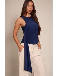 Navy Slinky Drape Detail Longline Top - 1