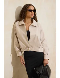 Stone Regular Fit Belt Detailed Gabardine Jacket Coat - 1