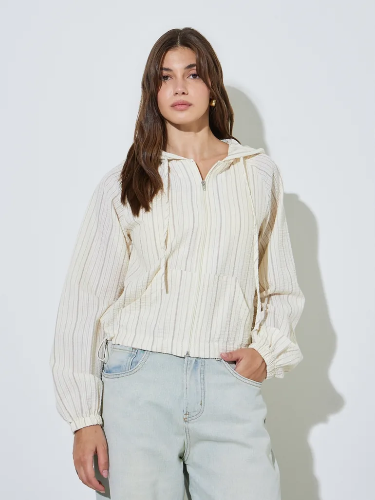 Cream Textured Hooded Lightweight Jacket