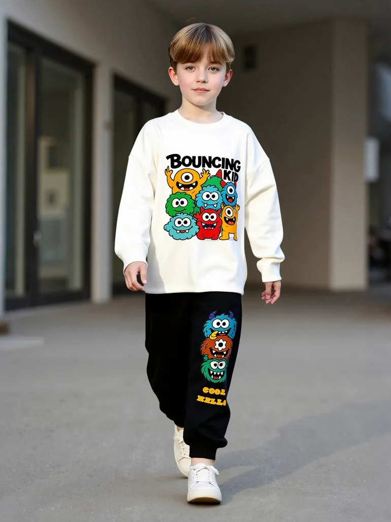 Teens Cartoon Print Sweatshirt and Joggers Set - 1