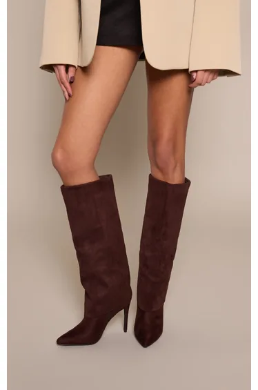 Chocolate Faux Suede Point Toe Fold Over High Heeled Calf High Boots