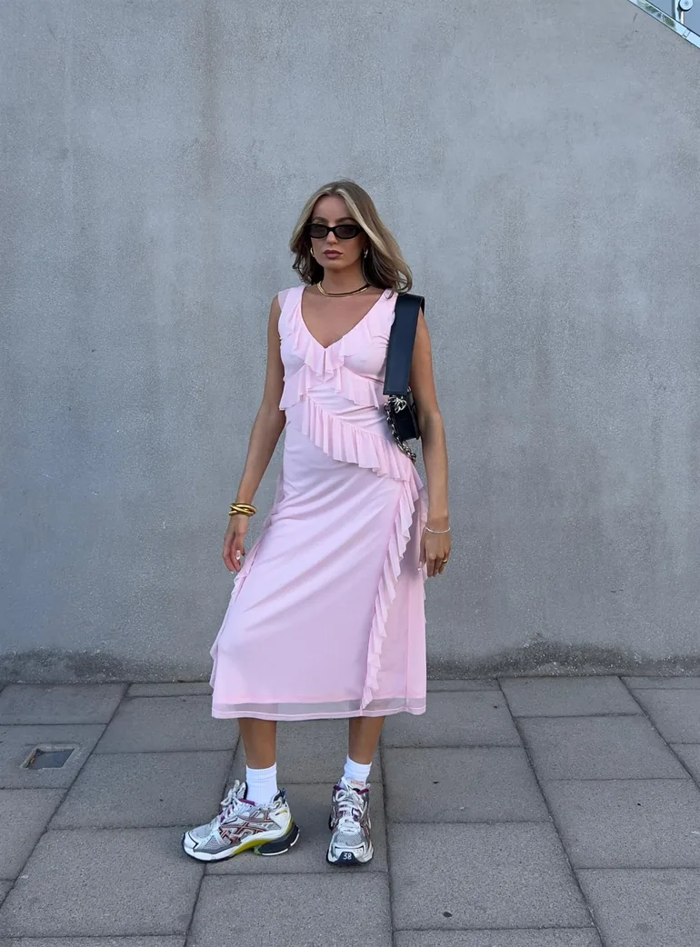 Khloe Ruffle Midaxi Dress - Pale-Pink