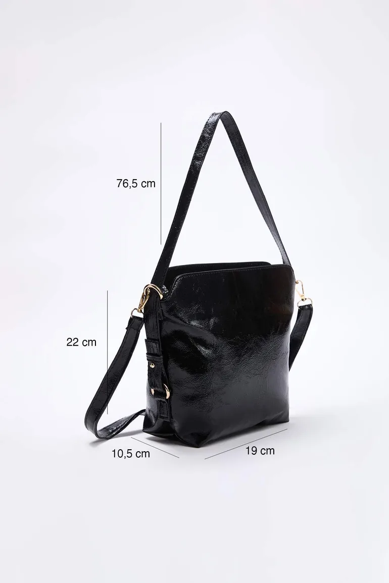 Black textured double handle adjustable women's shoulder bag - 5