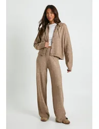 Knitted Oversized  Button Through Hoody and Wide Leg Trouser - taupe