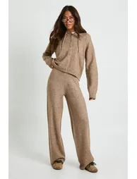 Knitted Oversized  Button Through Hoody and Wide Leg Trouser - taupe - 2