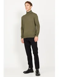 Men's Khaki Standard Fit Regular Cut Full Turtleneck Knitwear Sweater