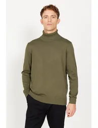 Men's Khaki Standard Fit Regular Cut Full Turtleneck Knitwear Sweater - 1
