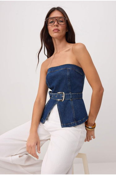 Blue Belted Less Stretchy Strapless Denim Blouse product thumbnail 2