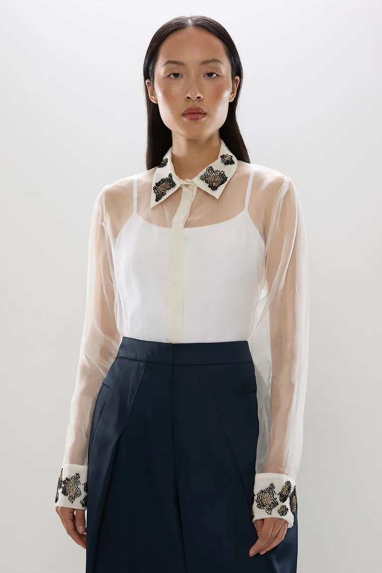 Beaded Collar And Cuff Silk Shirt