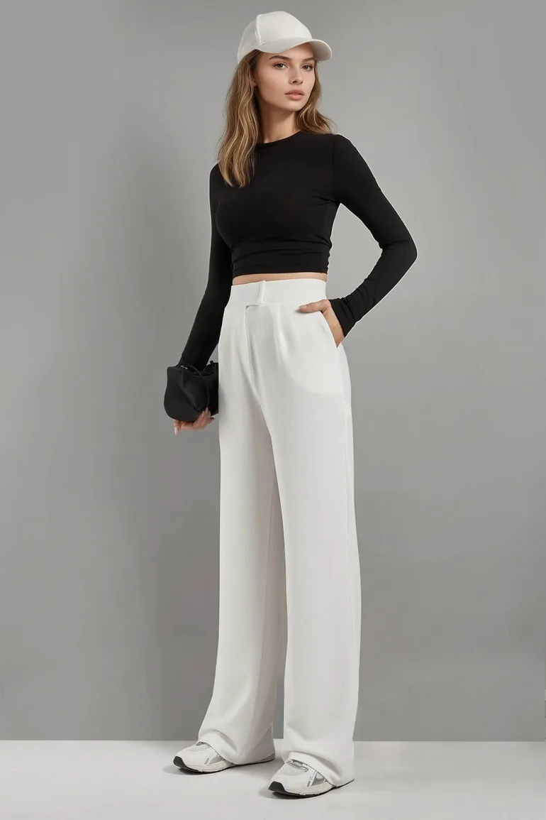 High Waist Elastic Crepe Palazzo Pants - 4