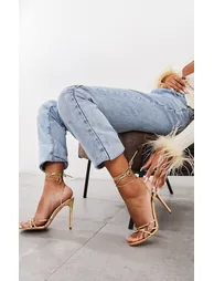 Gold Metallic Wide Fit Round Toe Lace Up High Heeled Sandals - 1