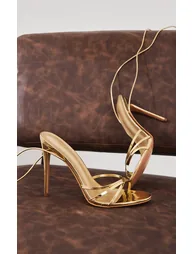 Gold Metallic Wide Fit Round Toe Lace Up High Heeled Sandals