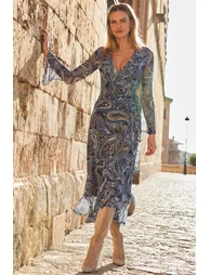 Blue Paisley Print Mesh Wrap Front Fit & Flare Dress - 1
