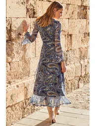 Blue Paisley Print Mesh Wrap Front Fit & Flare Dress - 3