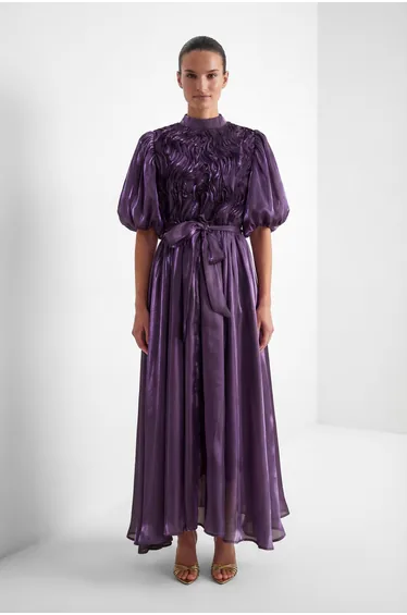 Graceful Darling Purple Ruffled Bodice Puff Sleeve Maxi Dress