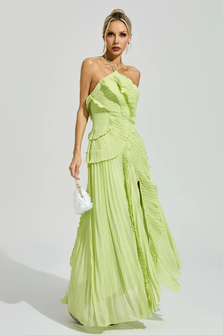 Moses Green Asymmetric Pleated Halter Dress - 4