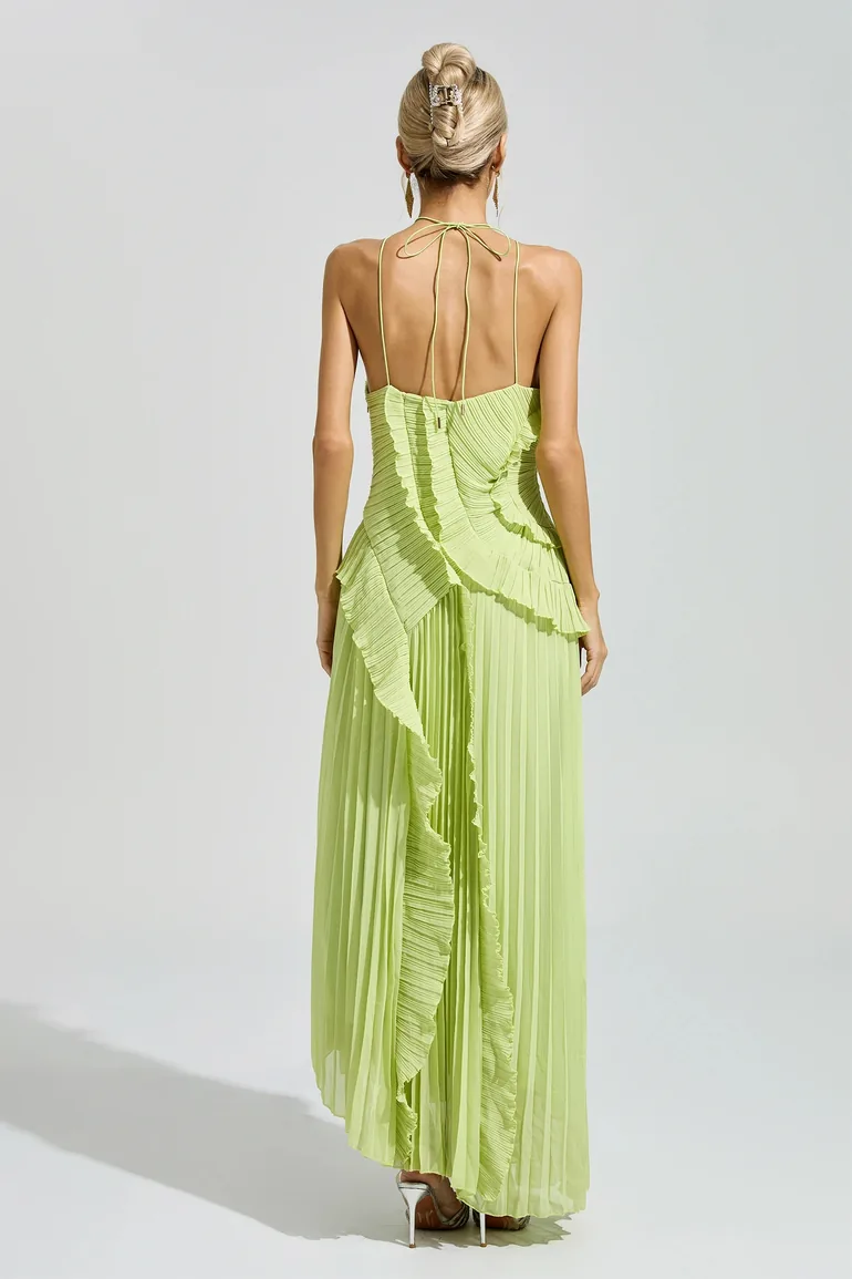 Moses Green Asymmetric Pleated Halter Dress - 6