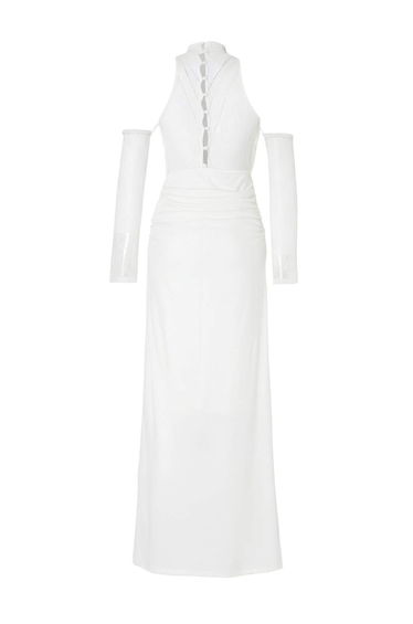 White Lace Detailed Leather N Degaje Collar Plain Maxi Evening & Graduation Dress product thumbnail 2