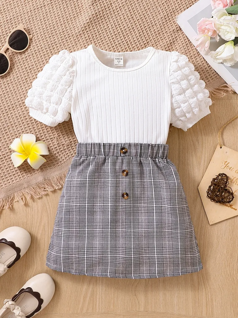 Girls White Top and Checkered Skirt Set