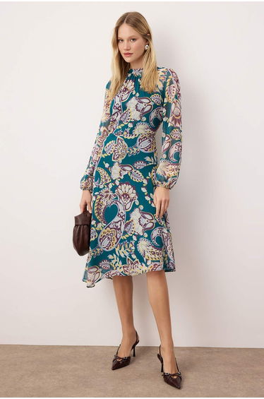 Green-Multicolored Midi Chiffon Lined Woven Dress
