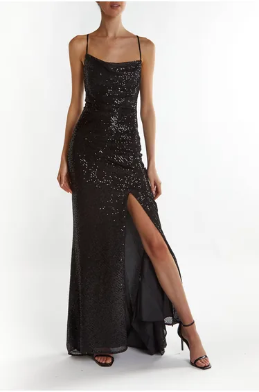 Pippa Black-Sequin Cowl-Neck Slip Dress