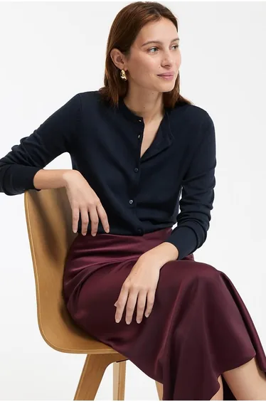 Button-Down Cardigan with Crew Neck in Fine Knit