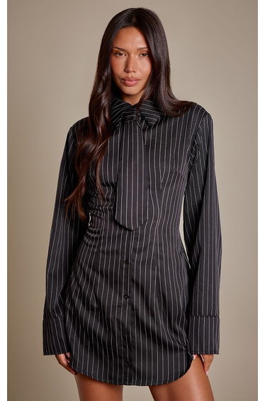 Black Stripe Tie Detail Button Down Shirt Dress product thumbnail 2