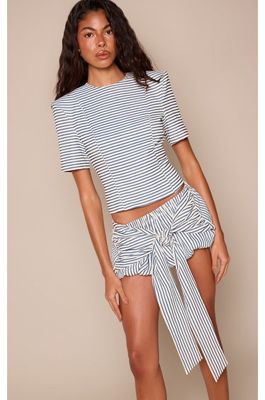 Navy Textured Stripe Wrap Detail Puff Shorts Co-ord product thumbnail 4