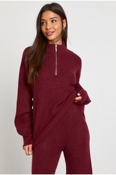 Super Soft Zip Neck Oversized Jumper and Wide Leg Trouser Co-Ord - burgundy product thumbnail 2