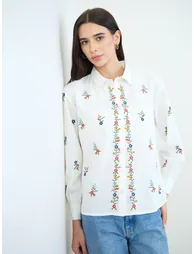 Off White Embroidered Cotton Shirt - 1