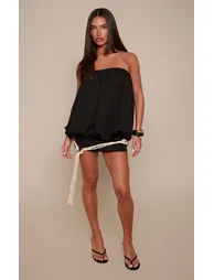 Black Woven Bandeau Bagged Over Rope Belt Mini Dress - 2