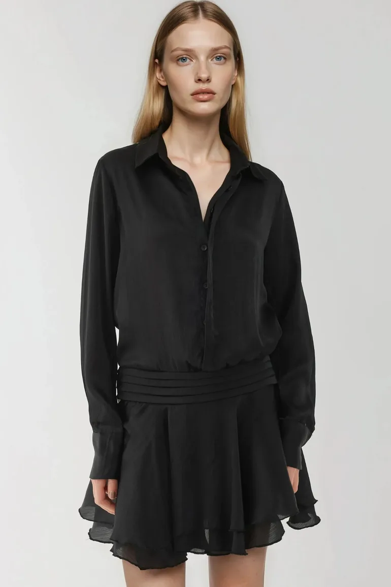 Ruffle Drape Long Sleeve Mini Dress with Shirt Collar - 1