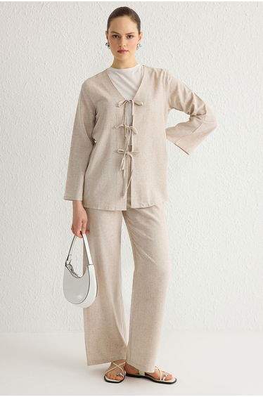 Beige Relaxed Linen Look Plain Weave Hijab Upper-Lower Team
