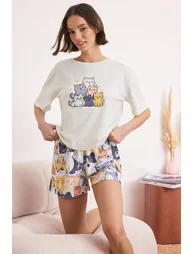 White Cotton Animal Piece Print 30/1 Combed Single Jersey Knitted Pajama Set - 1