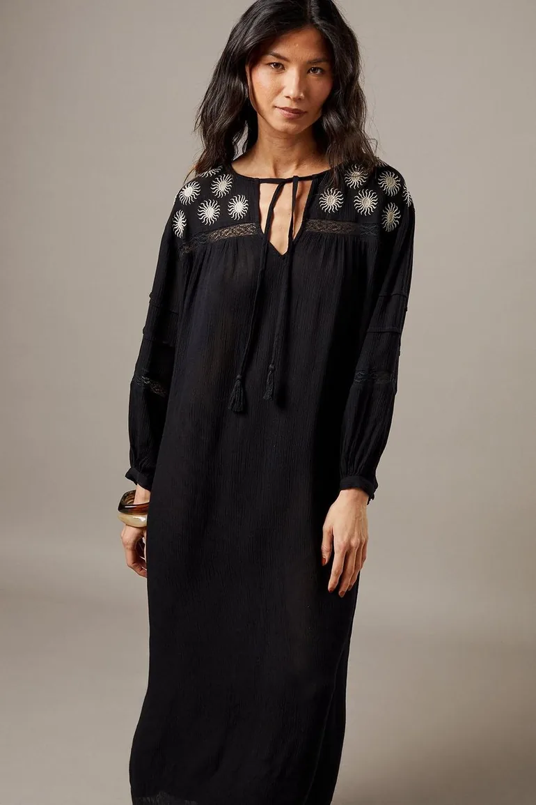 Cheesecloth Embroidered Trim Insert Midi Smock Dress - 1