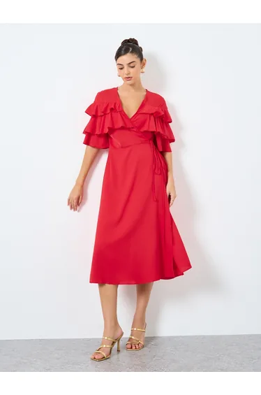Solid Ruffled Detail Wrap Midi Dress