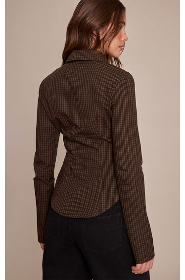 Brown Check Tie Detail Fitted Shirt product thumbnail 3