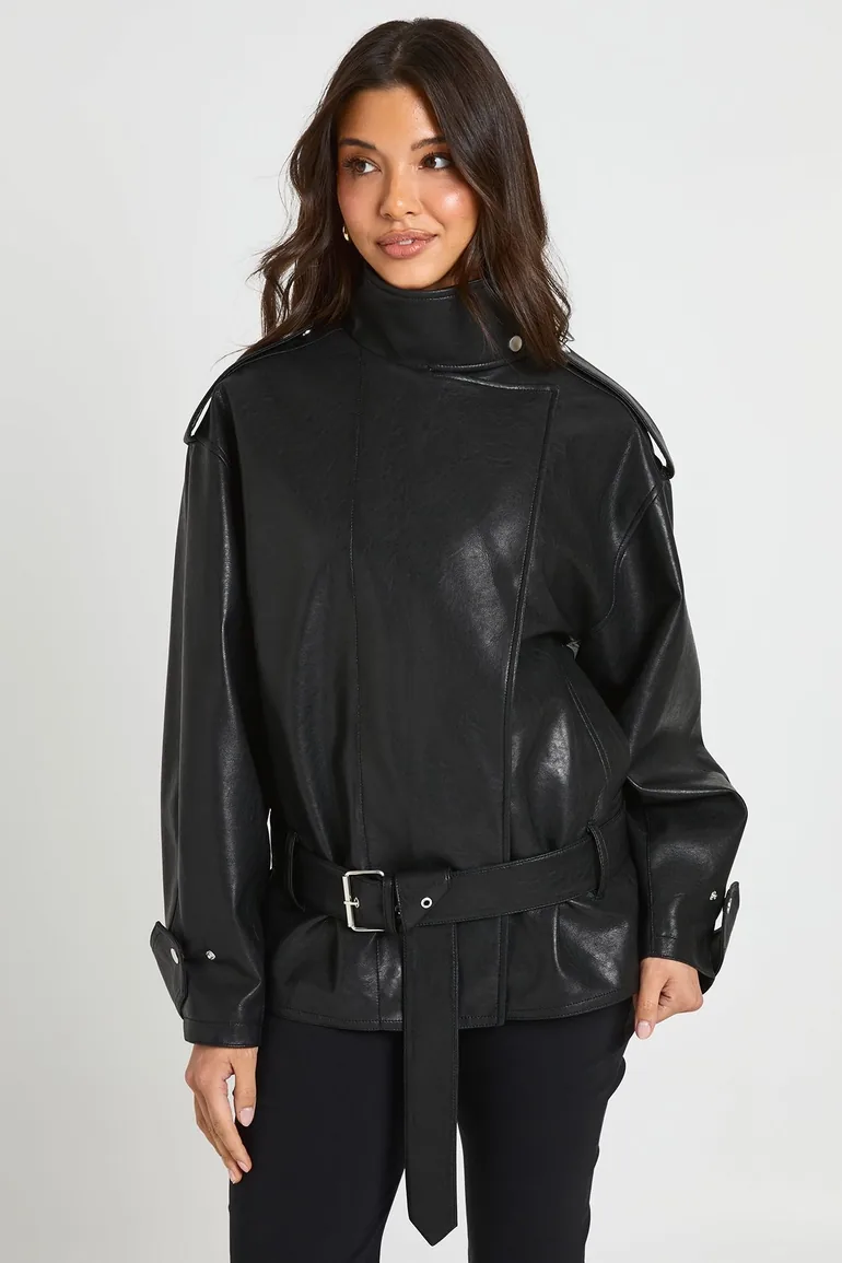 Asymmetric Belted Faux Leather Jacket - black - 2