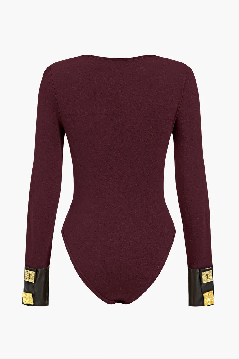 Faux Leather Patchwork Button Bodysuit - 1