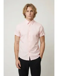 Slim Fit Short Sleeve Cotton Shirt - peach - 1