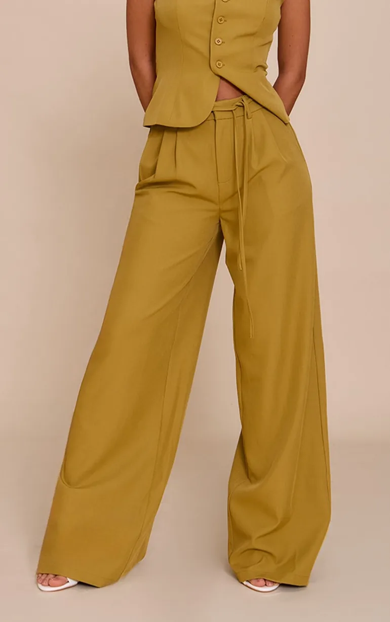 Deep Mustard Tailored Tie Detail Woven Wide Leg Trousers - 1