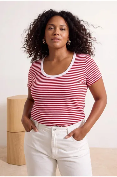 Red Striped Pool Collar Fitted/Fitted Plus Size T-Shirt