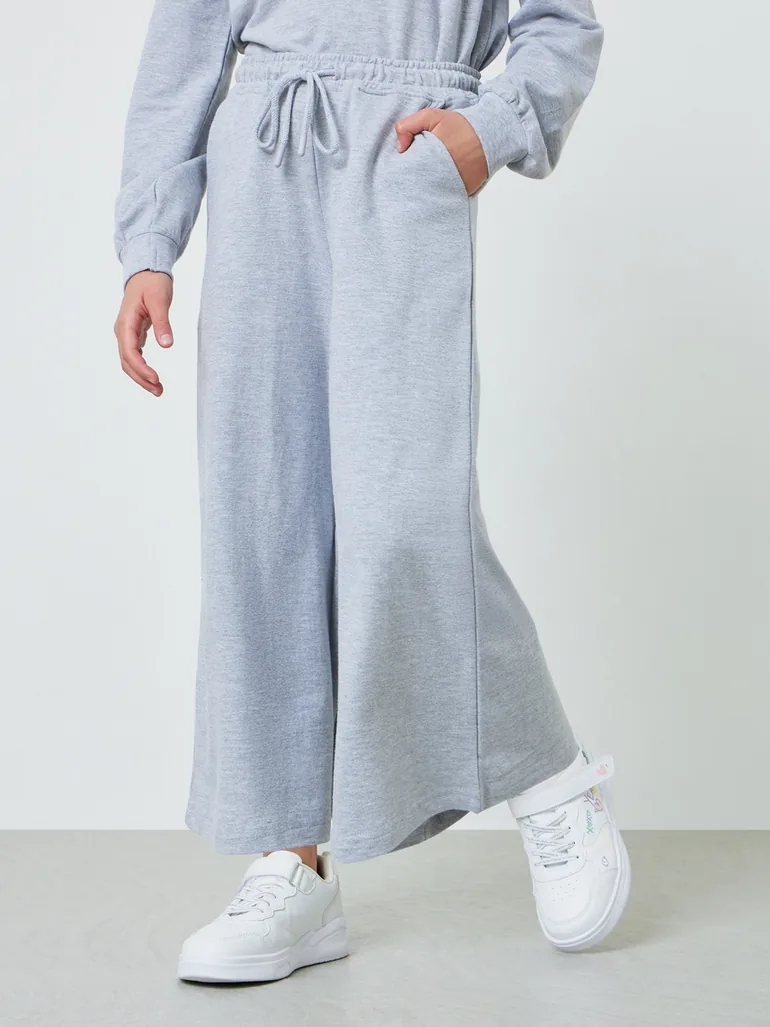 Teen Girls Grey Cotton Wide Leg Cropped Joggers - 1