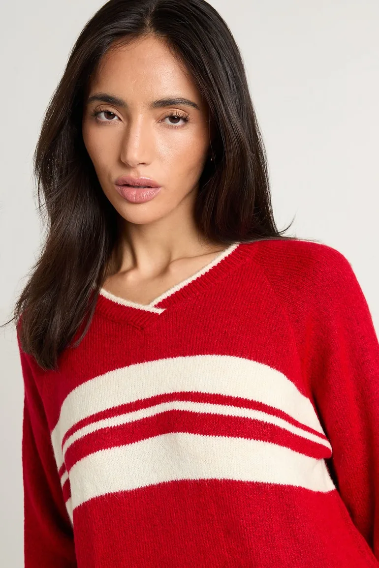 Stripe V-neck Detail Jumper - red - 3
